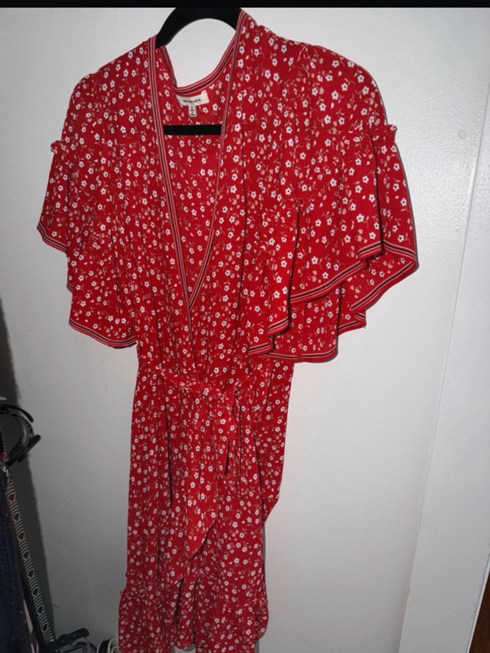 Red Floral Wrap Dress with Flutter Sleeves